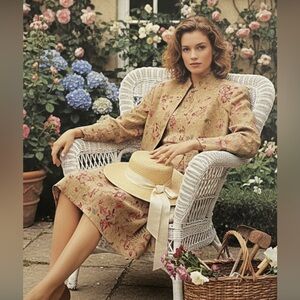 Vintage RL linen Mandarin collar peony rose print Y2K jacket P/P